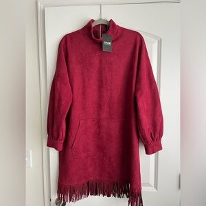 STYLEWE Faux Suede Tassel Hem Balloon Sleeve Dress
